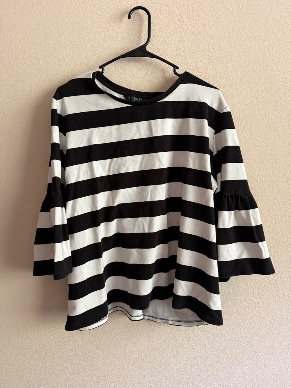 Lauren Ralph Lauren Black and White Striped Bell-Sleeve Top